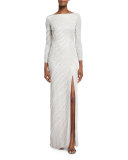 Zebra-Beaded Long-Sleeve Slit Gown, Ivory