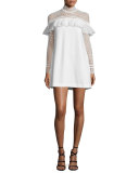Long-Sleeve Lace-Trim Crepe Mini Dress, White
