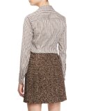 Long-Sleeve Plaid Button-Down Blouse, Brown