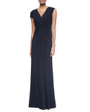 Cap-Sleeve Jersey Gown, Navy