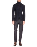 Knit Blazer with Leather Trim, Navy