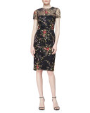 Short-Sleeve Floral Embroidered Cocktail Dress