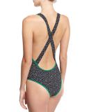 V-Neck Cross-Back One-Piece Swimsuit, Black/Green