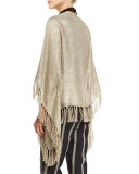 Metallic Linen-Blend Fringe Poncho, Olive
