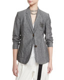 Striped Two-Button Jacket w/Starburst Patch, Gray