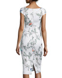 Jacquard Bird-Print Draped Sheath Dress, White