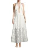 Carlie Floral Halter Evening Gown, White