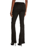 Studded Suede Flare-Leg Pants, Black