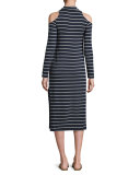 Envelope Dune Stripe Mock-Neck Cold-Shoulder Midi Dress, Navy/White