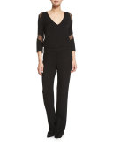 Sake Lace-Inset 3/4-Sleeve Jumpsuit, Black