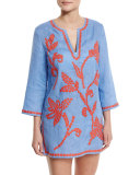 Talisay Embroidered Linen Coverup Tunic, Blue/Poppy