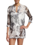 Embroidered-Front Printed Short Tunic Coverup