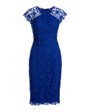 Cap-Sleeve Lace Sheath Dress, Azure