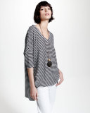 Dolman-Sleeve Striped Linen Tunic, Black/White