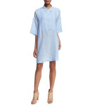 Half-Sleeve Linen Shirtdress, Light Blue