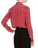 Long-Sleeve Striped Silk Blouse, Black/Red/White