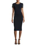 Short-Sleeve Dome-Studded Sheath Dress, New Navy