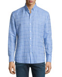 Tobias Plaid Linen-Blend Long-Sleeve Sport Shirt, Light Blue