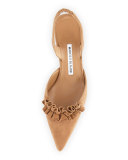 Carolyne Ruffled Low-Heel Halter Pump, Tan
