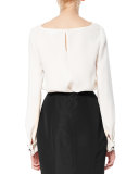Floral-Cuff Bateau-Neck Blouse, Ivory