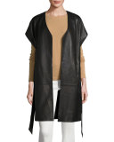 Short-Sleeve Leather Kimono Topper Jacket, Black