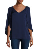 Butterfly-Sleeve Stretch-Silk Blouse, Navy