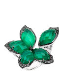 Love Me Love Me Not Green Agate Quartz Flower Ring with Black Diamonds