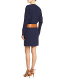 Long-Sleeve V-Neck Dress, Dark Navy