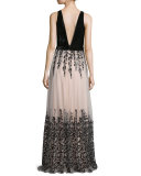 Sleeveless Floral-Embroidered Combo Gown, Nude/Black