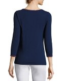 3/4-Sleeve Boat-Neck Beaded Logo Top, Navy
