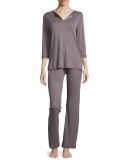 Adriana Silk-Satin Inset Pajamas, Warm Gray