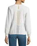 Enzo Mixed Eyelet-Lace Long-Sleeve Top, Ecru