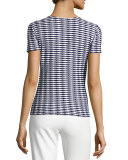 Striped Jacquard Short-Sleeve Sweater, Navy/White