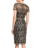 Short-Sleeve Embroidered Cocktail Dress 