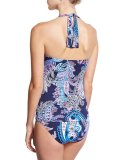 Paisley Leaves Halter Tankini Swim Top, Blue