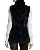 Mink Fur Chevron Zip Vest, Black Iris