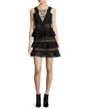 Sleeveless Tiered Lace-Front Dress, Black