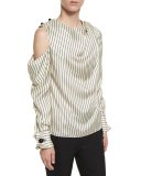 Pinstripe Cold-Shoulder Blouse, Ivory/Black