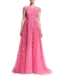 Cap-Sleeve Embellished Ball Gown, Shocking Pink