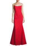 Louisa Sleeveless Floral Tile Lace Mermaid Gown, Bright Red
