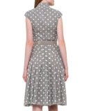 Square-Print Cap-Sleeve A-Line Dress, Silver/Charcoal