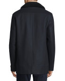 Melton Wool-Blend Pea Coat w/Shearling Collar, Navy