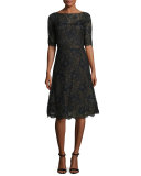 Scalloped Floral Lace Cocktail Dress, Black/Gold