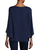 Butterfly-Sleeve Stretch-Silk Blouse, Navy