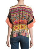 Tassel-Trim Half-Sleeve Peasant Top, Black/Salmon/Magenta