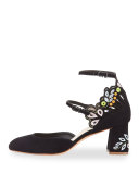 Liliana Embroidered Suede Block-Heel Pump, Black