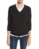 Monili-Trim Cashmere V-Neck Sweater, Black