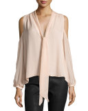 The Vida Silk Cold-Shoulder Blouse, Pale Pink