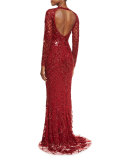 Long-Sleeve Illusion Lattice Gown, Scarlet Red