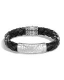 Men's Large 12mm Classic Chain Woven Leather Bracelet, Black